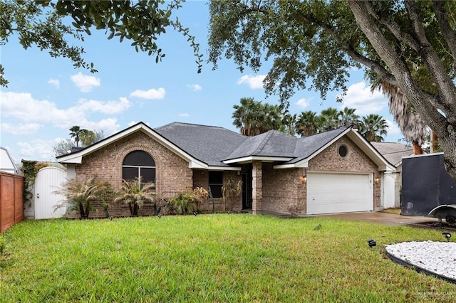 ranch-style house featuring brick siding, an attached garage, driveway, and a front lawn