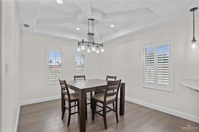 dining space featuring plenty of natural light, dark hardwood / wood-style floors, and a raised ceiling