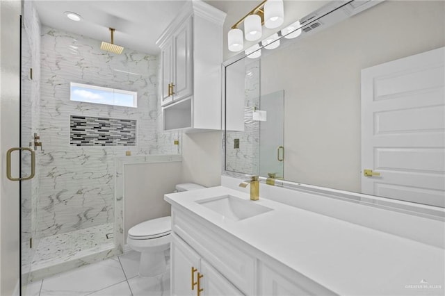 3003 E Palo Blanco St, Hidalgo, TX 78557 - full bathroom featuring marble look tile flooring, a marble finish shower, toilet, and vanity