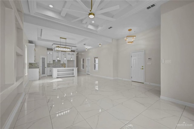 3003 E Palo Blanco St, Hidalgo, TX 78557 - unfurnished living room featuring ceiling fan, a tray ceiling, baseboards, light marble finish floors, and recessed lighting