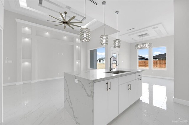 spare room with ceiling fan, a tray ceiling, and a wealth of natural light