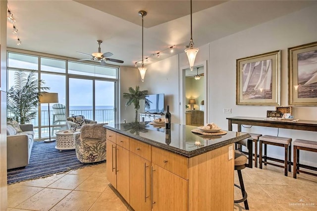 310A Padre Blvd, South Padre Island, TX 78597 - kitchen with a center island, floor to ceiling windows, dark stone counters, rail lighting, and a breakfast bar area
