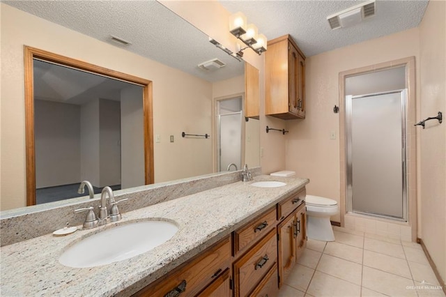 bathroom featuring tile patterned flooring, an enclosed shower, a textured ceiling, toilet, and vanity