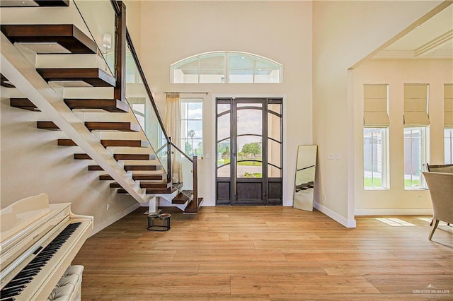 4835 Bryan Rd, Palmhurst, TX 78573 - foyer with light wood finished floors, stairway, a high ceiling, and french doors