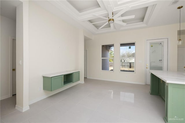 interior space with beam ceiling, ceiling fan, light tile patterned floors, and coffered ceiling