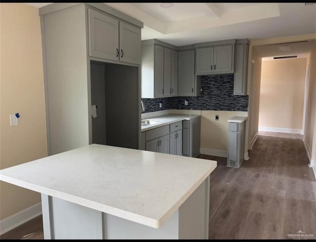 2505 W Bella Vista Ave W, Alton, TX 78573 - kitchen featuring gray cabinetry, a tray ceiling, wood finished floors, and baseboards