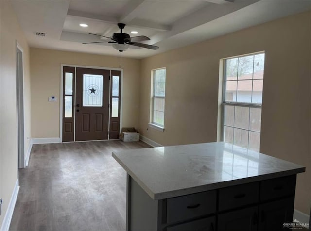 2505 W Bella Vista Ave W, Alton, TX 78573 - entrance foyer featuring coffered ceiling, baseboards, a ceiling fan, beamed ceiling, and light wood finished floors