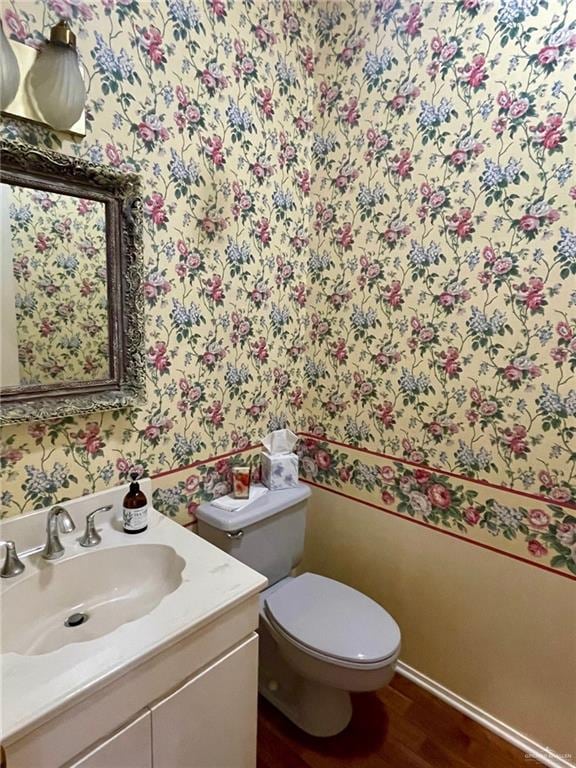 bathroom featuring vanity, toilet, and hardwood / wood-style floors