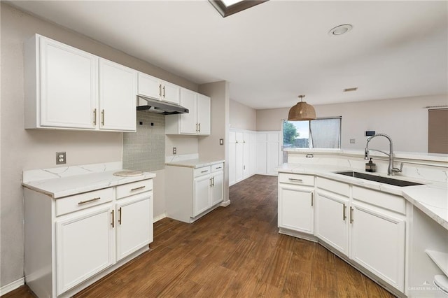 3838 View Point Dr, Edinburg, TX 78542 - kitchen with tasteful backsplash, a sink, white cabinets, under cabinet range hood, and dark wood-style floors
