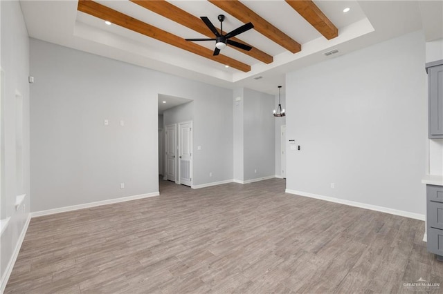 unfurnished living room with recessed lighting, a tray ceiling, visible vents, beam ceiling, and ceiling fan with notable chandelier