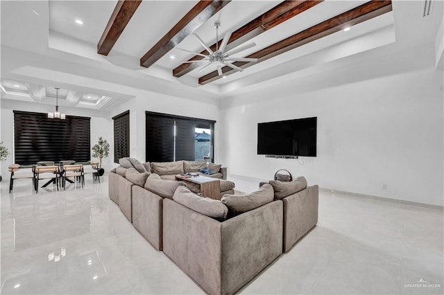 living room with beamed ceiling, recessed lighting, baseboards, a raised ceiling, and ceiling fan