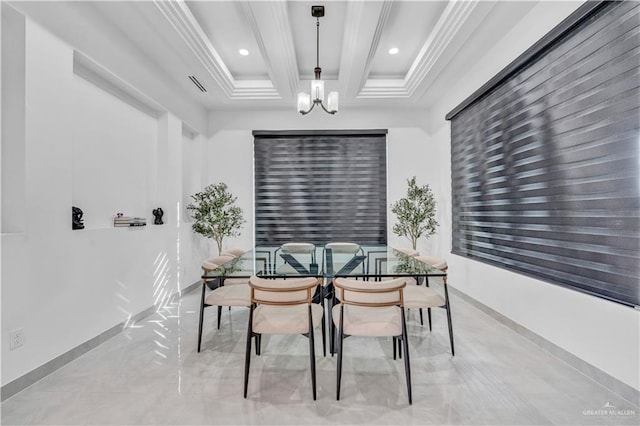 dining space featuring visible vents, baseboards, beam ceiling, ornamental molding, and a notable chandelier