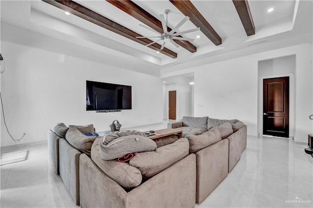 living room featuring recessed lighting, baseboards, beam ceiling, and ceiling fan