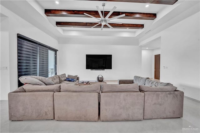 living room with beamed ceiling, recessed lighting, and ceiling fan