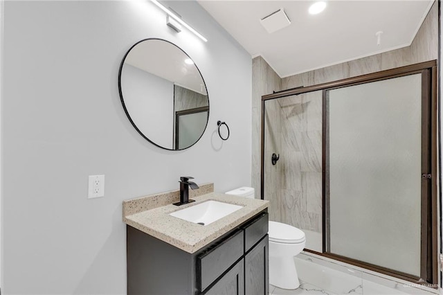 410 W 7th St, San Juan, TX 78589 - bathroom featuring marble look tiles, vanity, and a stall shower