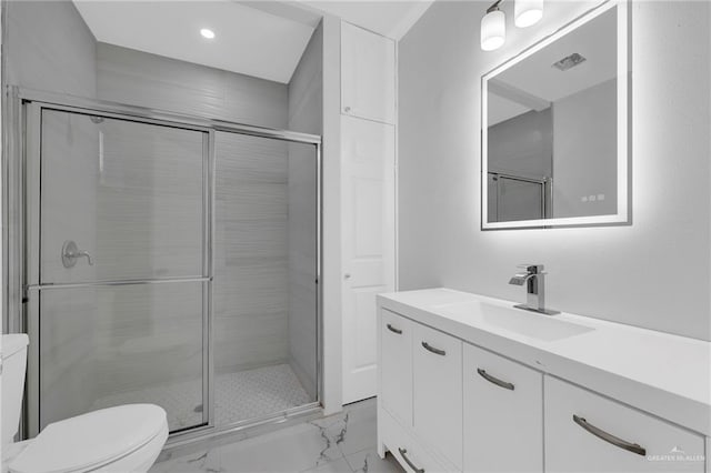 410 W 7th St, San Juan, TX 78589 - full bathroom featuring vanity, marble finish flooring, a stall shower, and recessed lighting