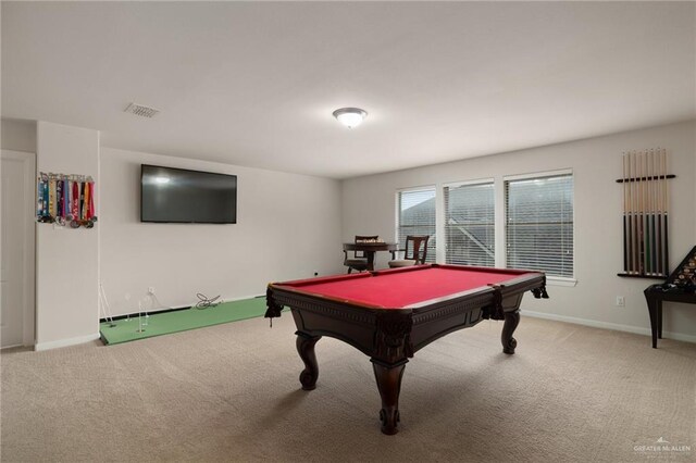 playroom featuring light colored carpet, visible vents, billiards, and baseboards