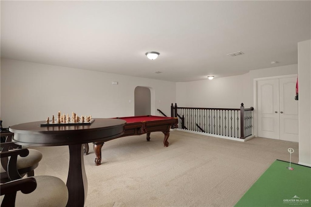recreation room with carpet, visible vents, billiards, and arched walkways