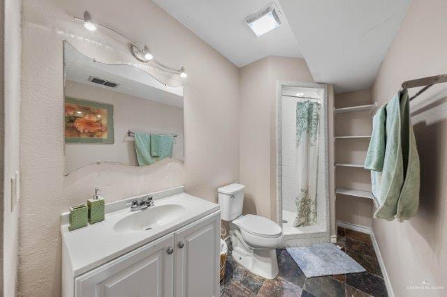 bathroom featuring vanity, toilet, and a shower with shower curtain