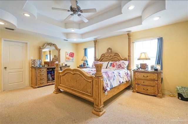 4010 Blackhawk St, Edinburg, TX 78539 - bedroom with light colored carpet, a raised ceiling, multiple windows, recessed lighting, and a ceiling fan