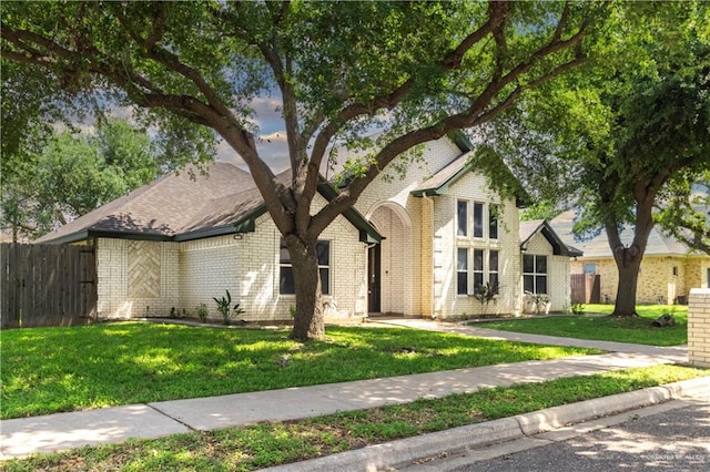 view of front of home featuring brick siding, fence, and a front lawn