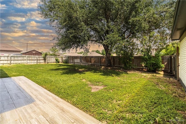 yard at dusk featuring a patio area and a fenced backyard