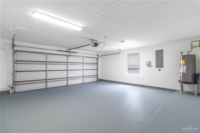 garage with a garage door opener, electric panel, baseboards, and electric water heater
