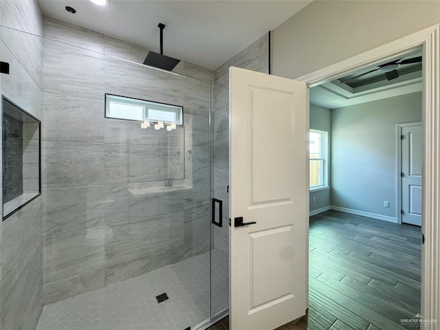 3807 Crimson St, Mission, TX 78574 - bathroom featuring a shower stall, wood finished floors, baseboards, and recessed lighting