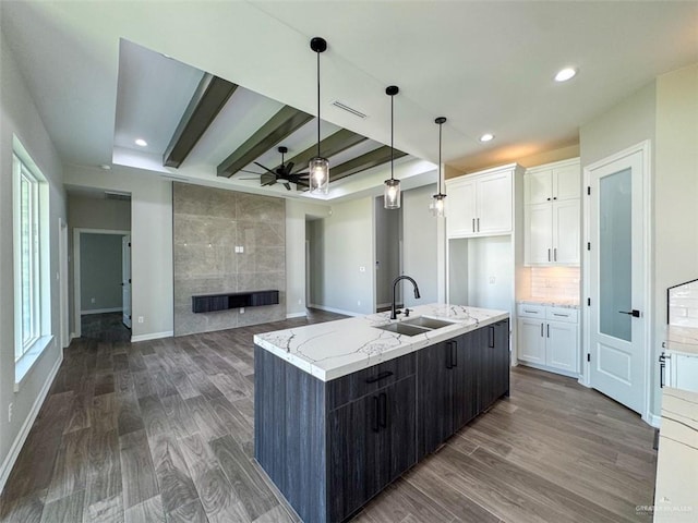 3807 Crimson St, Mission, TX 78574 - kitchen featuring a sink, white cabinetry, dark wood-style floors, ceiling fan, and recessed lighting