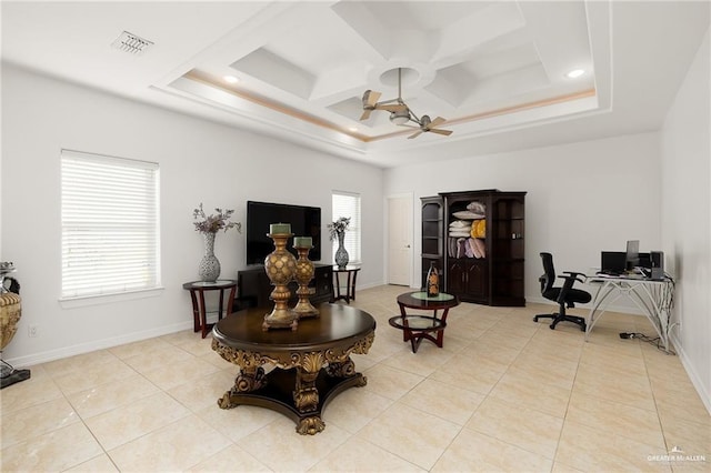 living area featuring ceiling fan, light tile patterned floors, and coffered ceiling