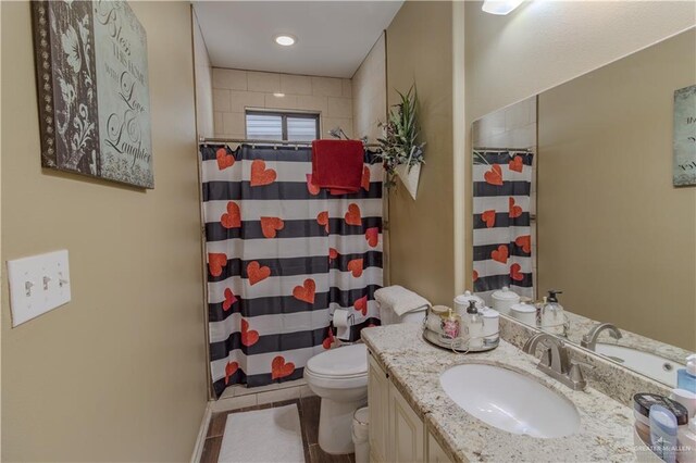 bathroom featuring toilet, vanity, and a shower with curtain