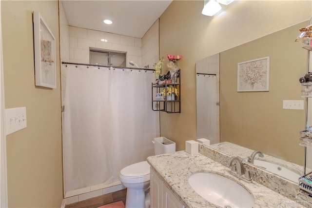 full bathroom with curtained shower, toilet, and vanity