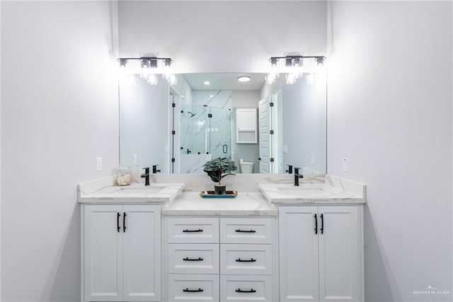 bathroom with vanity, toilet, and a shower with shower door