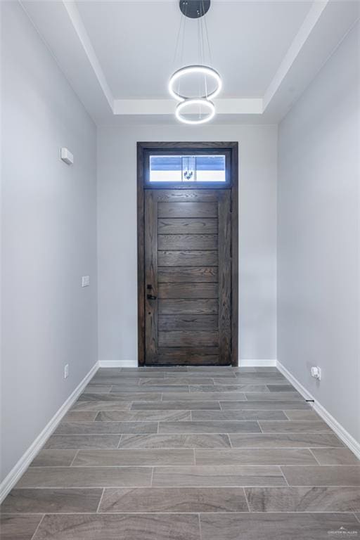 entryway featuring hardwood / wood-style flooring and a raised ceiling