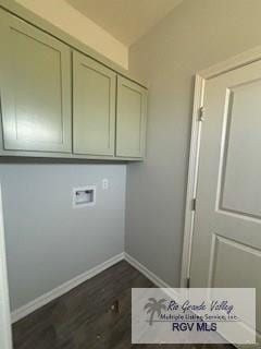 2906 Brushy Ct, Harlingen, TX 78552 - laundry area with baseboards, cabinet space, hookup for a washing machine, and dark wood finished floors
