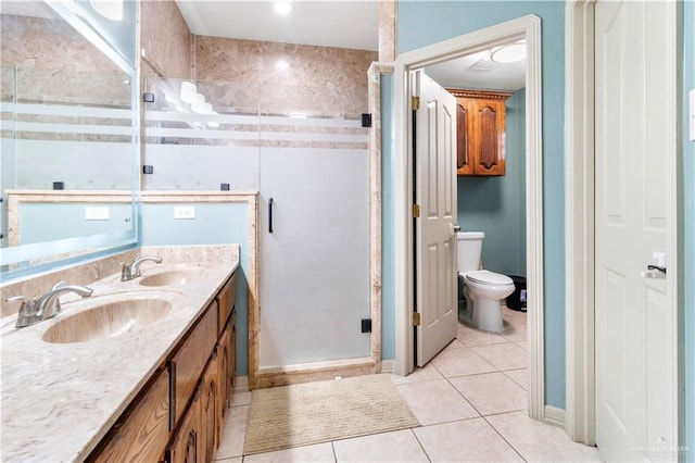 bathroom with tile patterned floors, vanity, toilet, and an enclosed shower