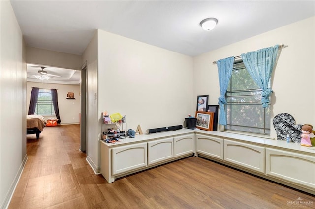 office with ceiling fan and light hardwood / wood-style floors