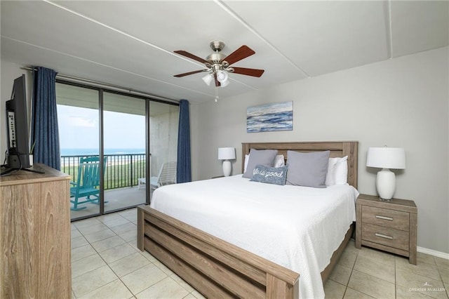 bedroom featuring light tile patterned floors, access to outside, baseboards, and ceiling fan