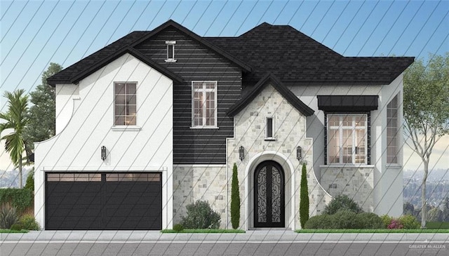 view of front facade with stone siding, stucco siding, and roof with shingles