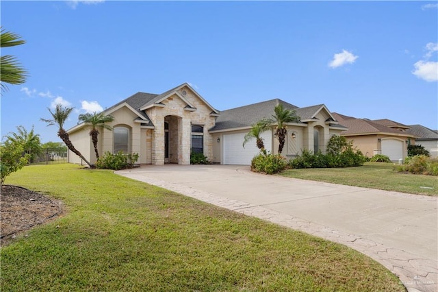 view of front of home featuring a front lawn and a garage