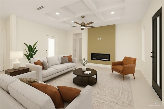 2012 Trinity St, Donna, TX 78537 - living area featuring coffered ceiling, beam ceiling, visible vents, and recessed lighting