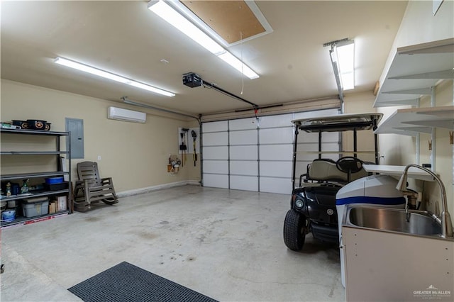 garage with a garage door opener, electric panel, and a wall mounted AC