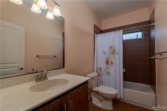 full bathroom featuring tile patterned flooring, shower / tub combo, vanity, and toilet