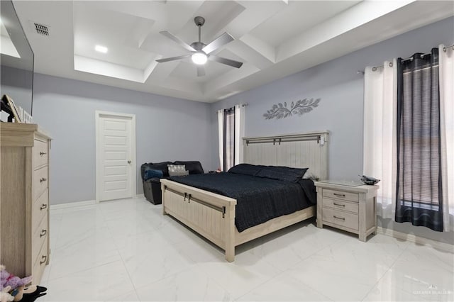 bedroom featuring ceiling fan and coffered ceiling