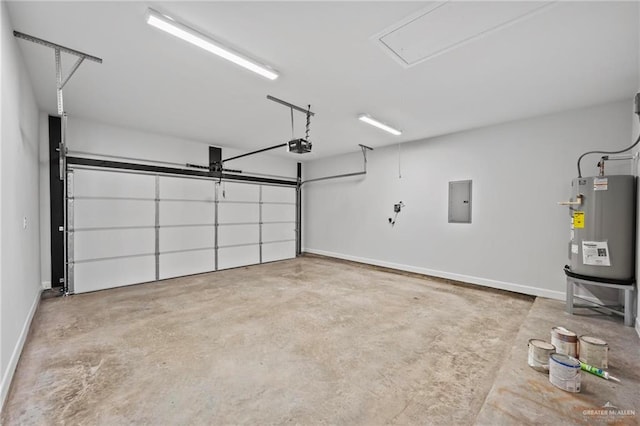 garage with baseboards, electric panel, electric water heater, and a garage door opener