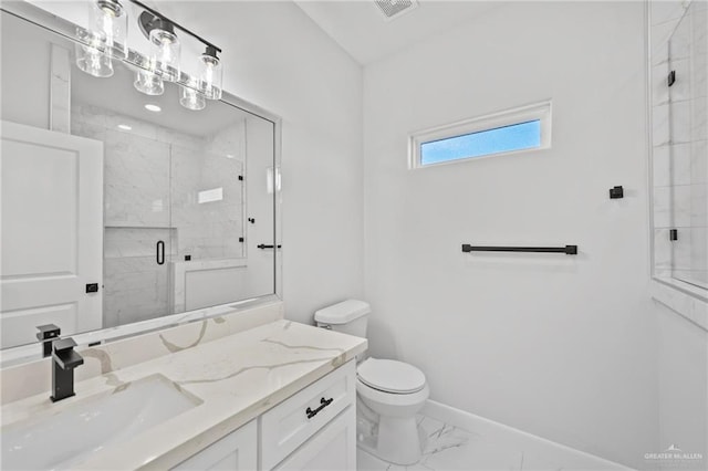 full bathroom featuring marble finish floor, visible vents, toilet, a stall shower, and baseboards