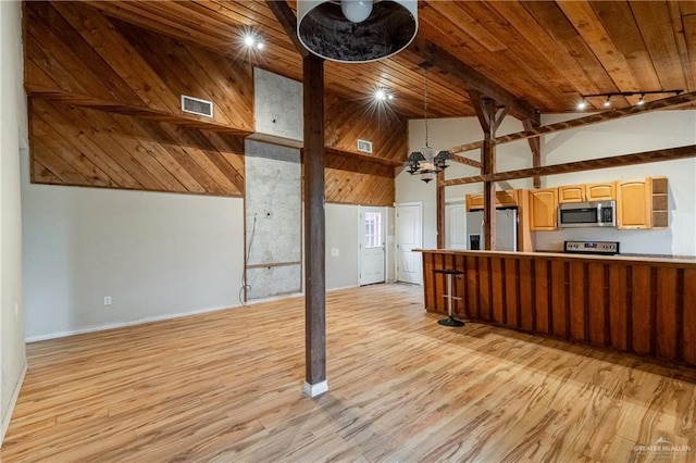 kitchen featuring wooden ceiling, high vaulted ceiling, a notable chandelier, light hardwood / wood-style floors, and appliances with stainless steel finishes