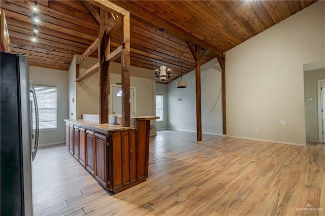 kitchen with pendant lighting, vaulted ceiling, light hardwood / wood-style floors, wood ceiling, and stainless steel refrigerator