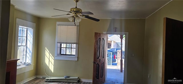 interior space featuring plenty of natural light, ceiling fan, and wood-type flooring