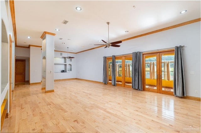 unfurnished living room with ceiling fan, light wood-type flooring, crown molding, and french doors